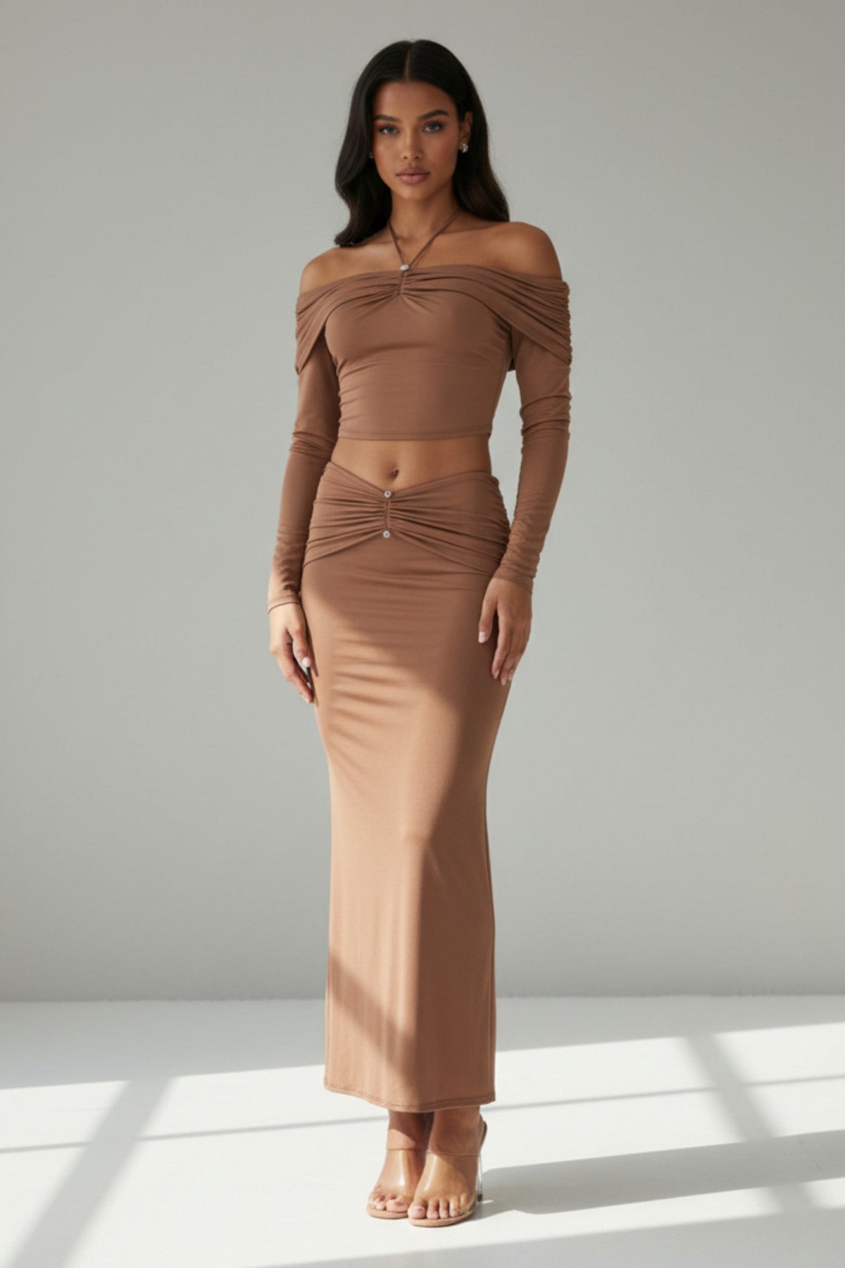 Off Shoulder Long Sleeve Top & Maxi Skirt Set in Mocha – Detail view