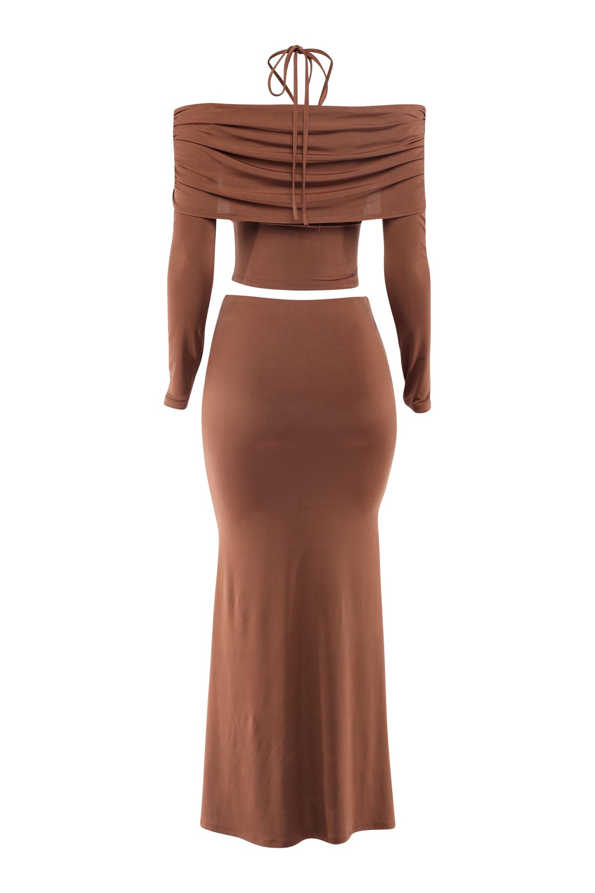 Mocha off shoulder long sleeve top and maxi skirt set, detail view on model