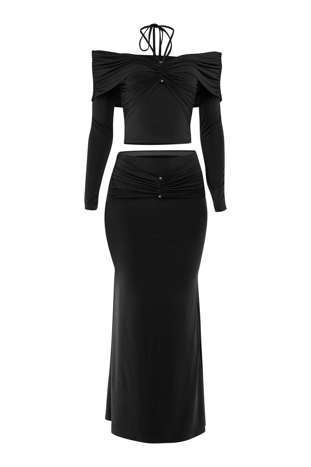 Black off shoulder long sleeve top and maxi skirt set, detail view on model