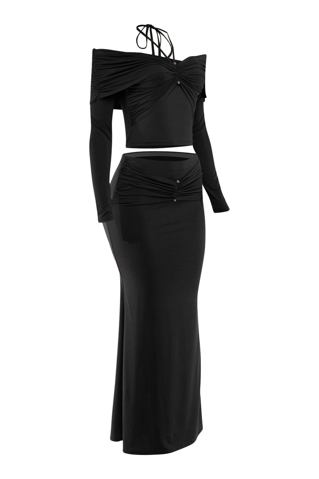 Black off shoulder long sleeve top and maxi skirt set, side view on model