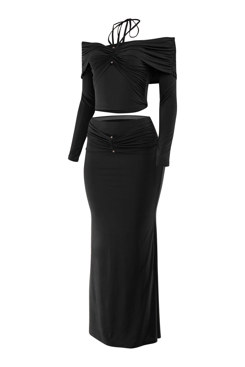 Black off shoulder long sleeve top and maxi skirt set, full-length view on model