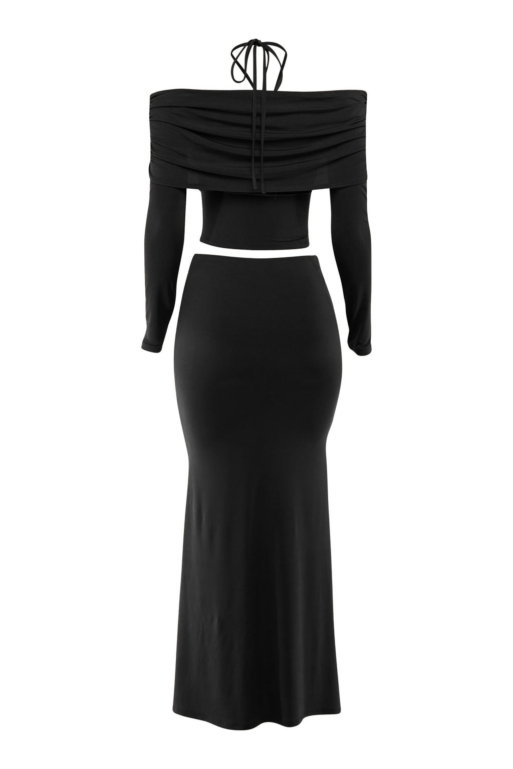 Black off shoulder long sleeve top and maxi skirt set, close-up view on model