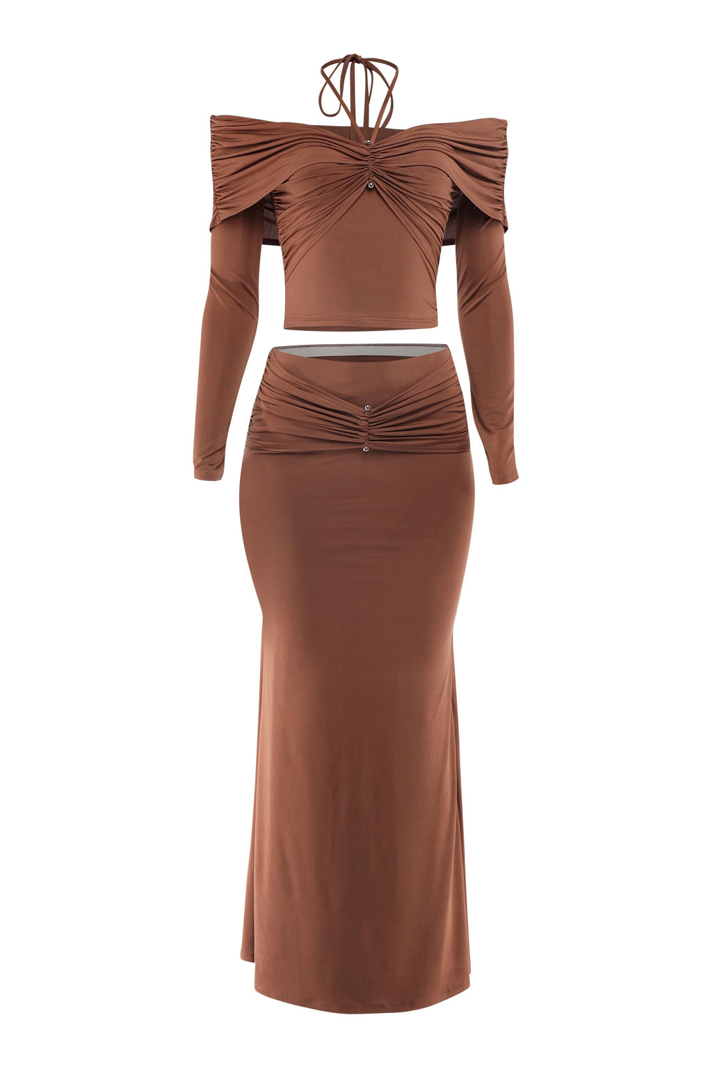 Mocha off shoulder long sleeve top and maxi skirt set, alternate front view on model