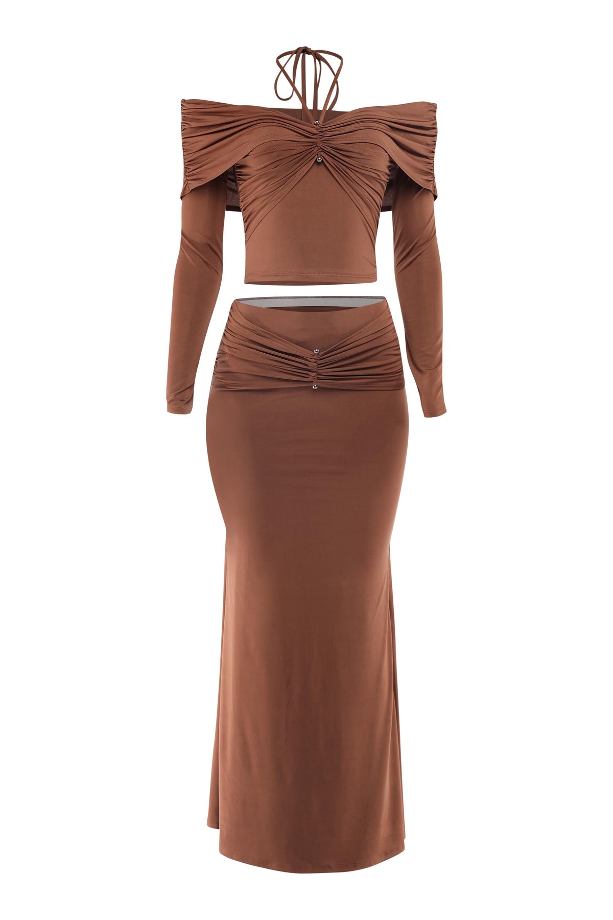 Mocha off shoulder long sleeve top and maxi skirt set, alternate front view on model