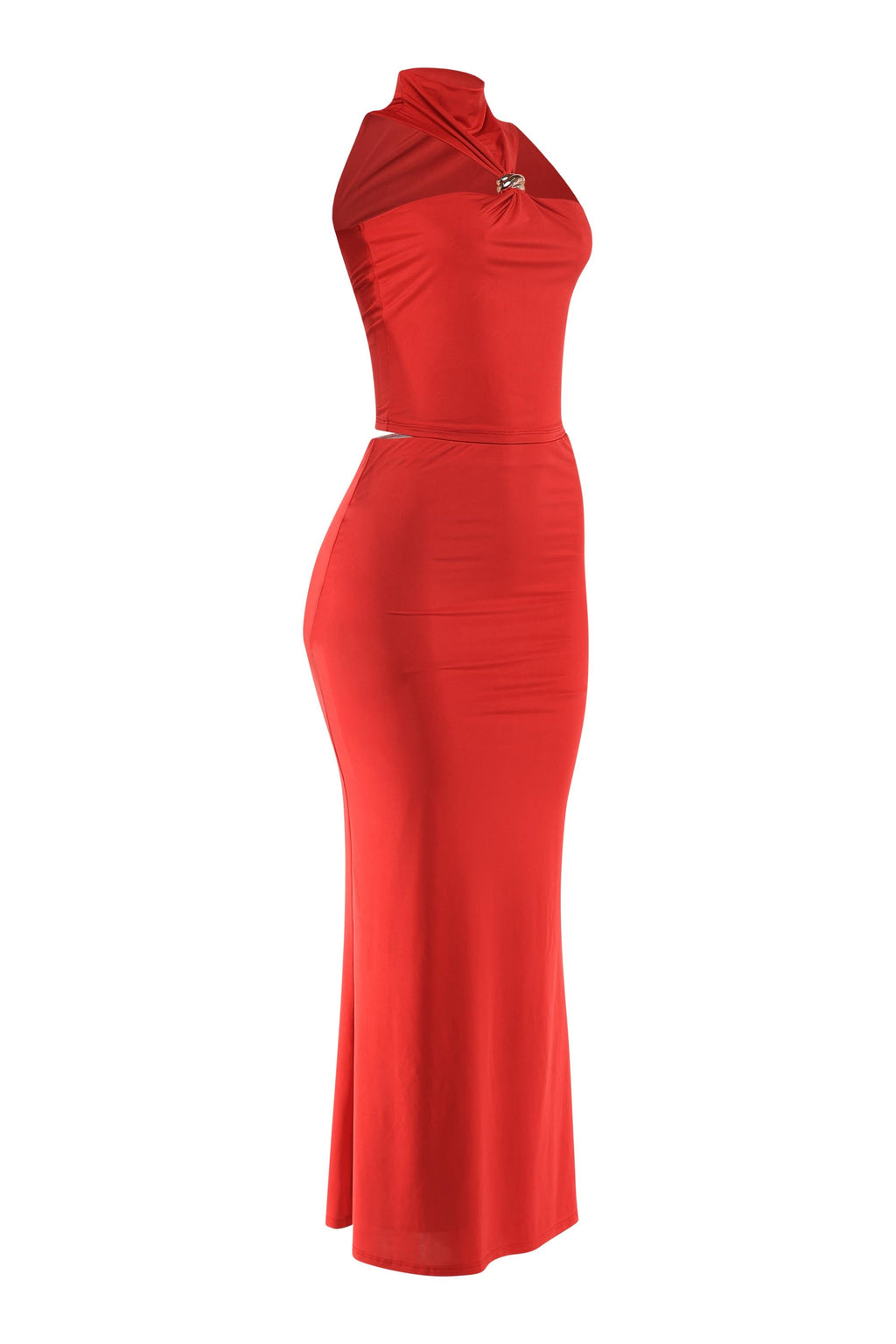 Red mock neck top and flare maxi skirt set, side view on model