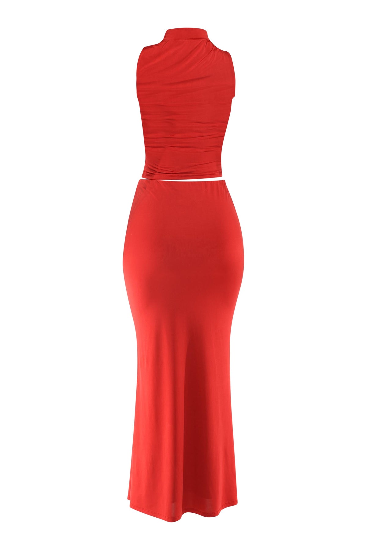 Red mock neck top and flare maxi skirt set, close-up view on model