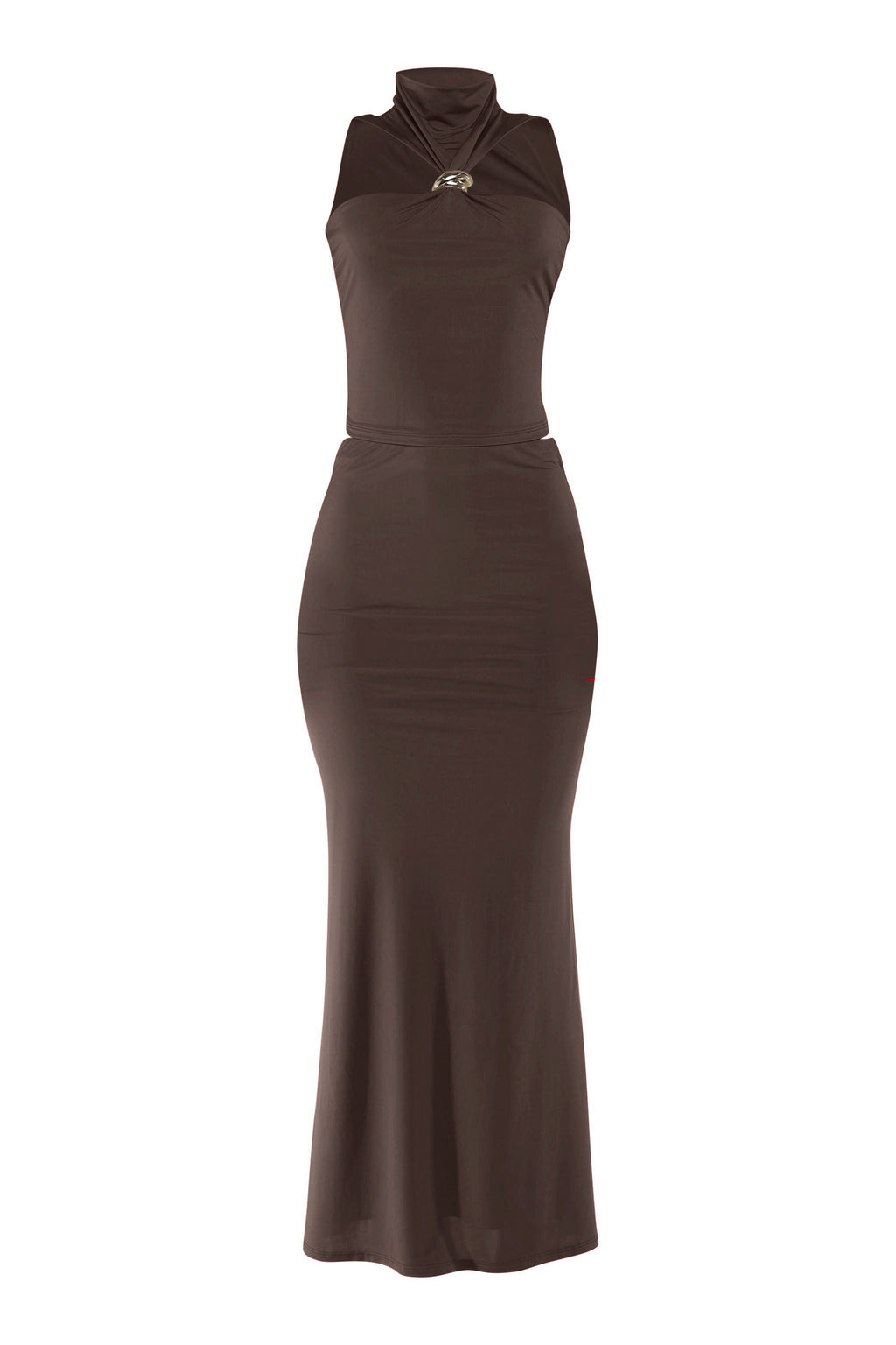 Mock Neck Top & Flare Maxi Skirt Set in Brown – Side view