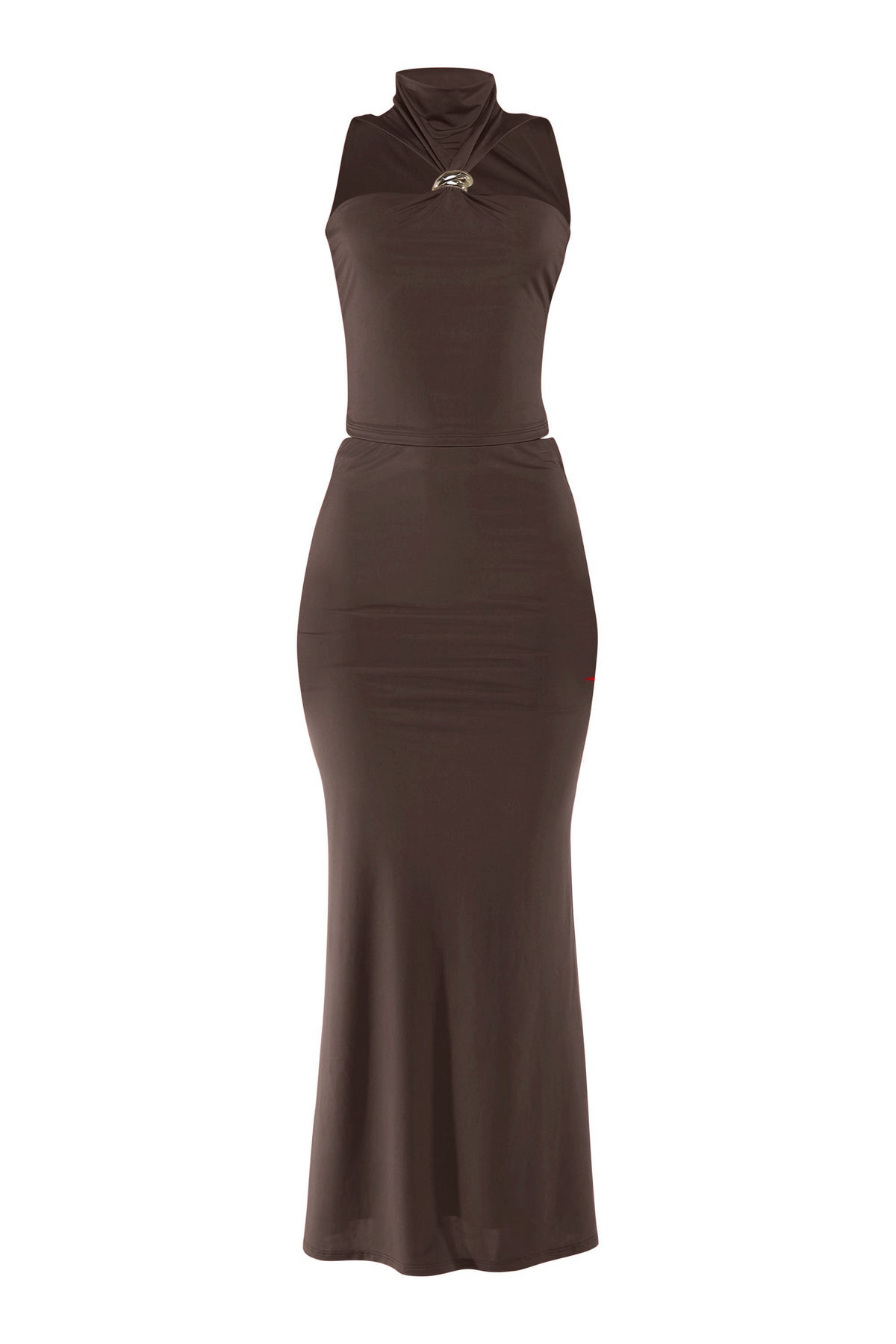 Mock Neck Top & Flare Maxi Skirt Set in Brown – Side view
