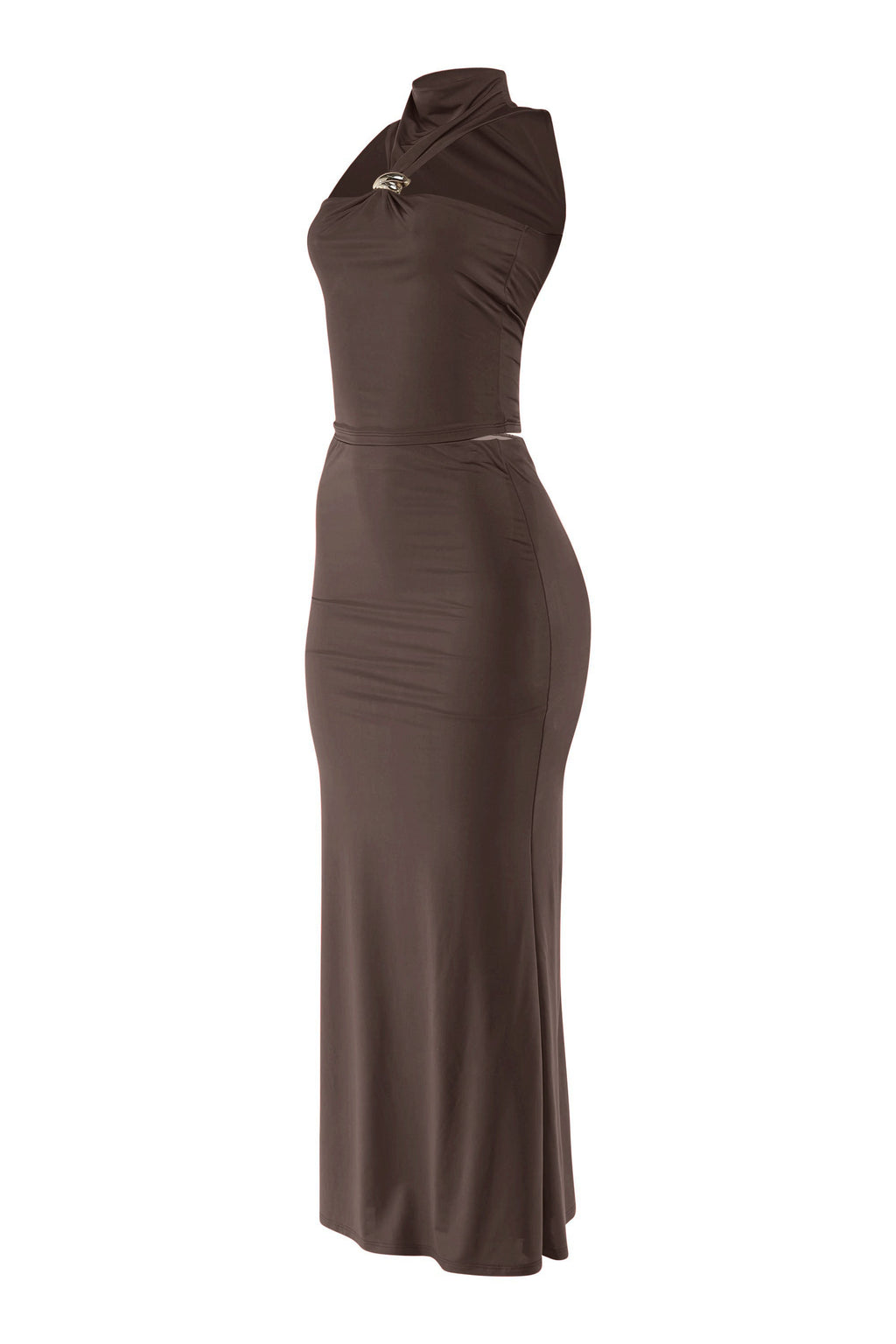 Red mock neck top and flare maxi skirt set, back view on model