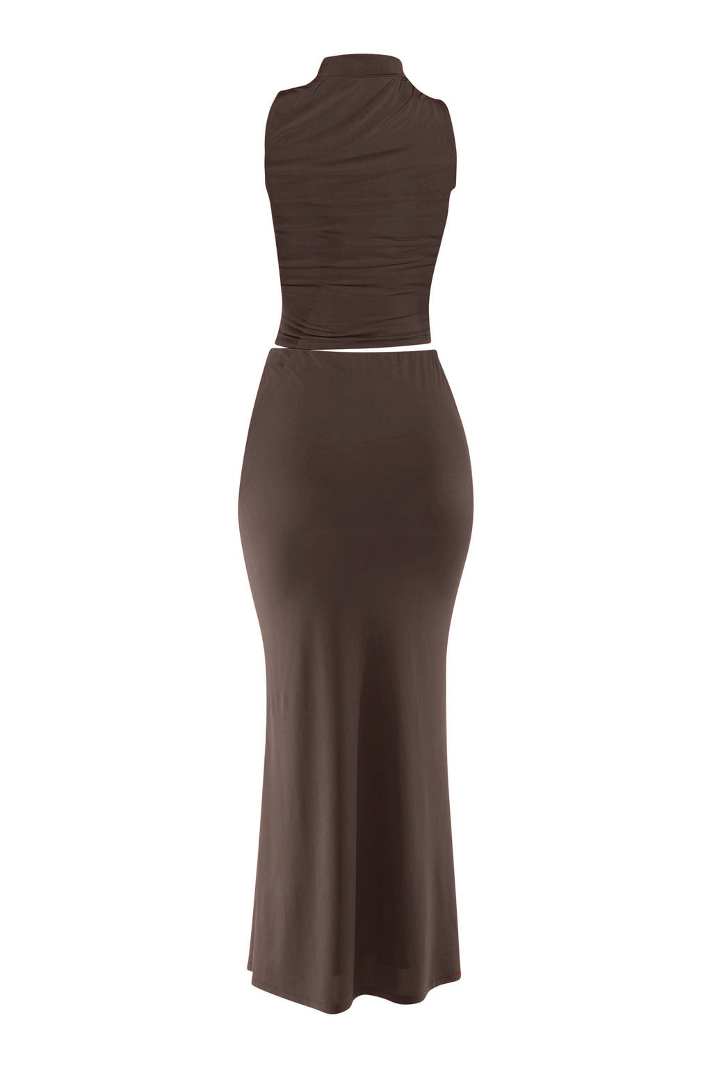 Red mock neck top and flare maxi skirt set, alternate front view on model
