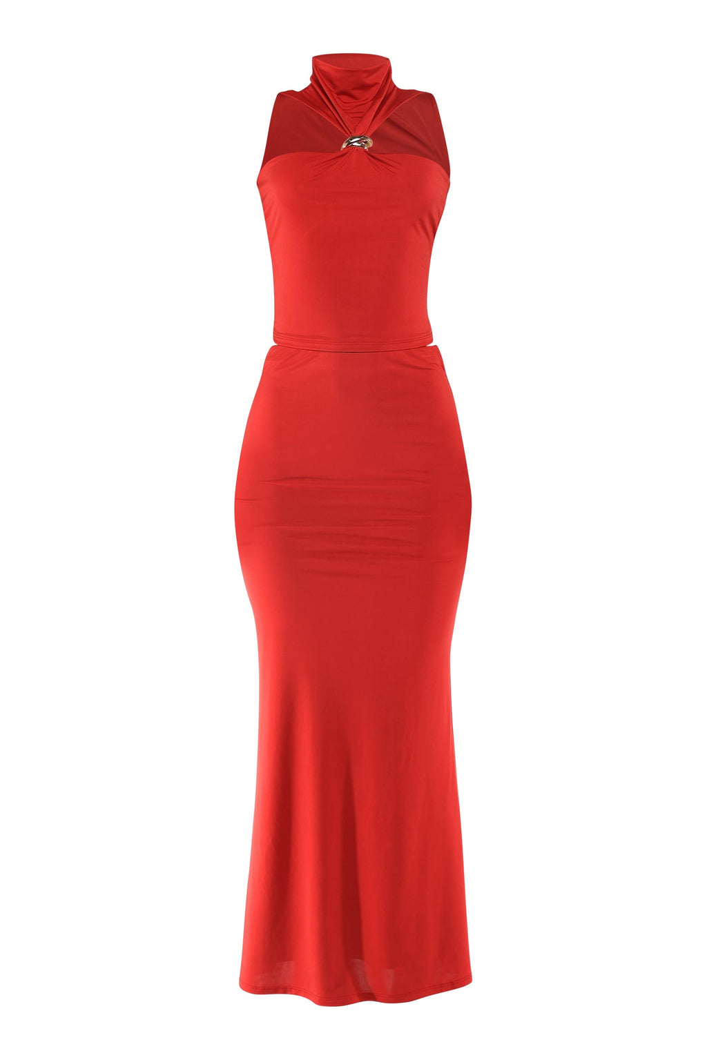 Red mock neck top and flare maxi skirt set, detail view on model