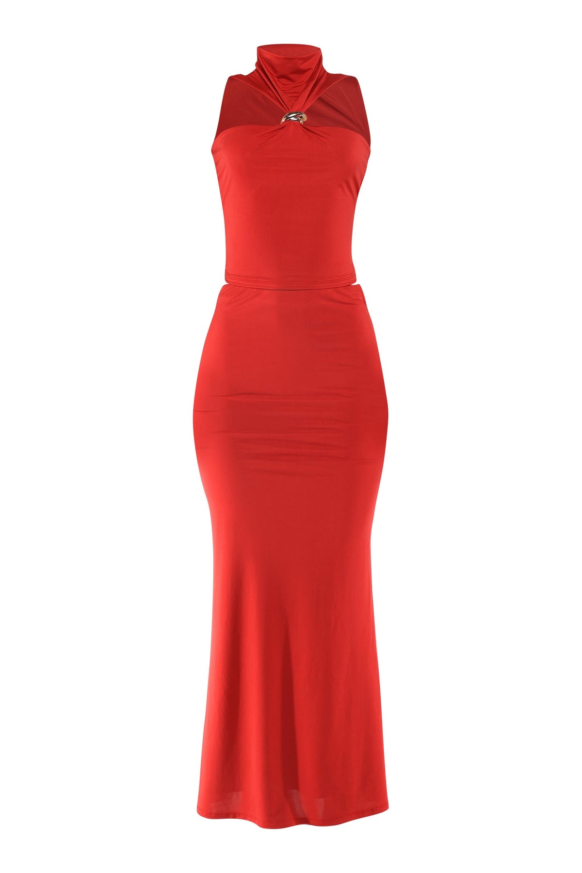 Red mock neck top and flare maxi skirt set, detail view on model