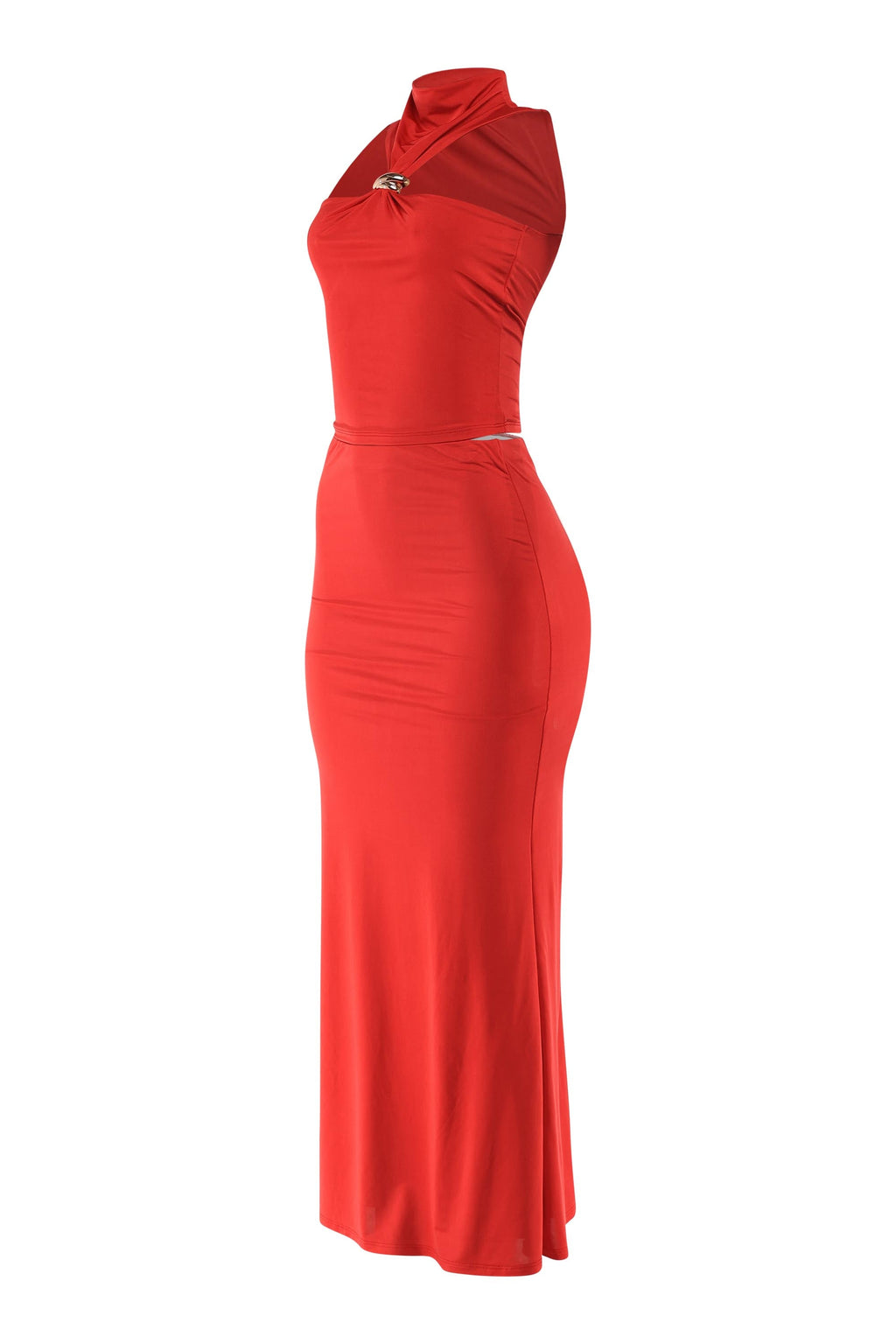 Red mock neck top and flare maxi skirt set, full-length view on model