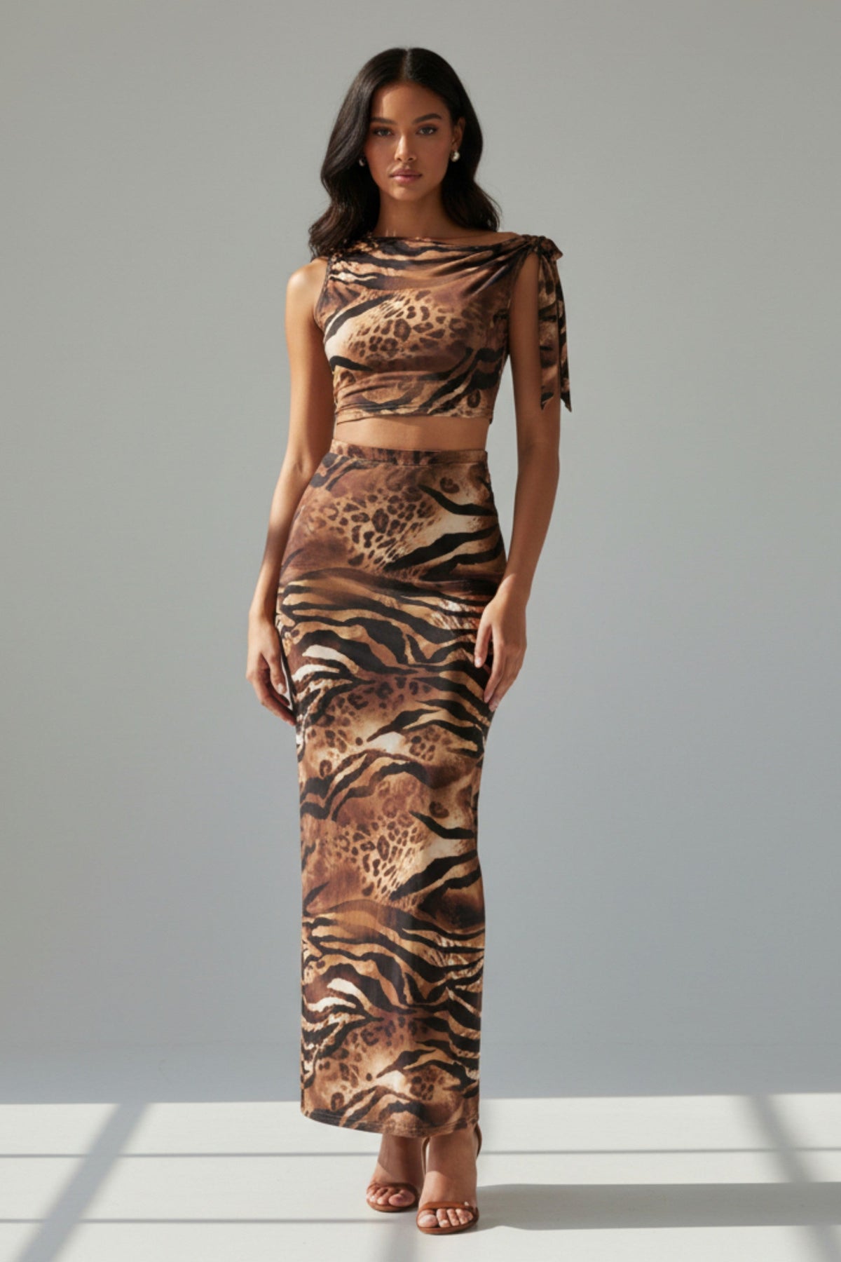 Asymmetrical Arm Tie Top & Maxi Skirt Set in Brown combo – Front view