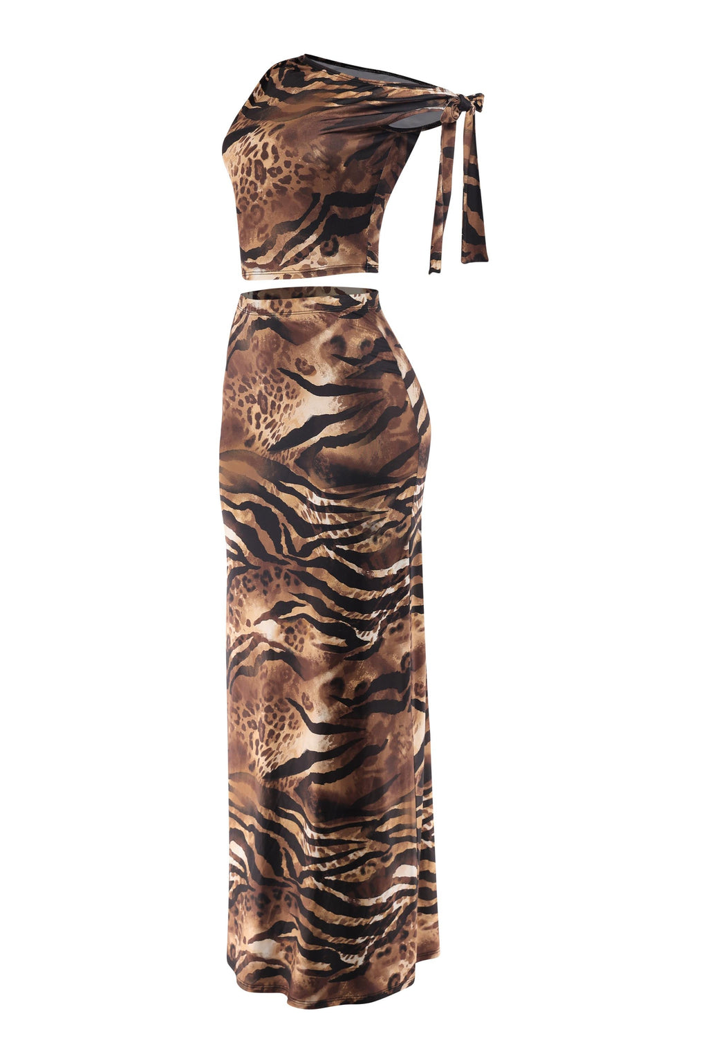 Brown combo asymmetrical arm tie top and maxi skirt set, detail view on model