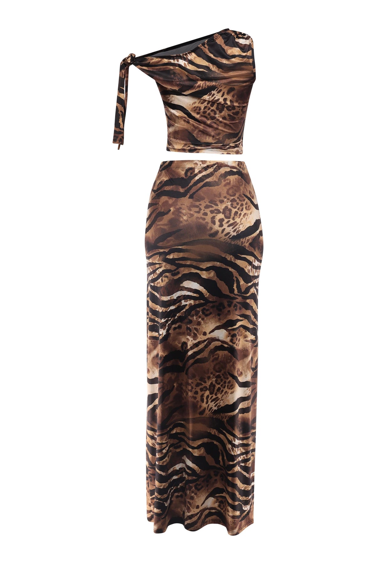 Asymmetrical Arm Tie Top & Maxi Skirt Set – Detail view