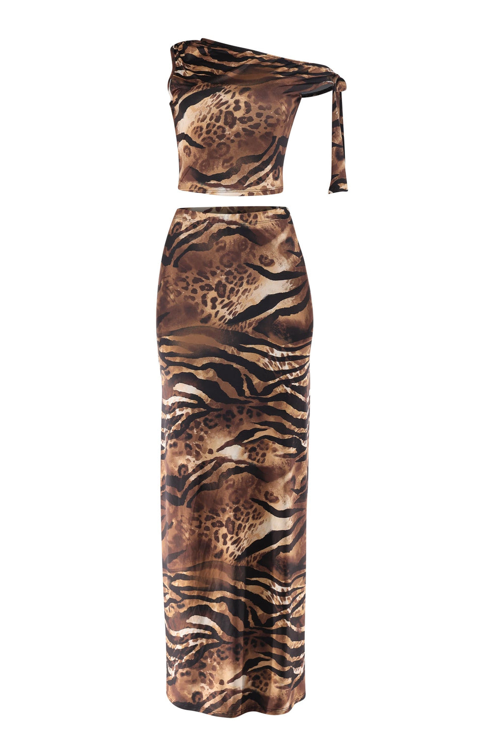 Asymmetrical Arm Tie Top & Maxi Skirt Set in Brown combo – Back view