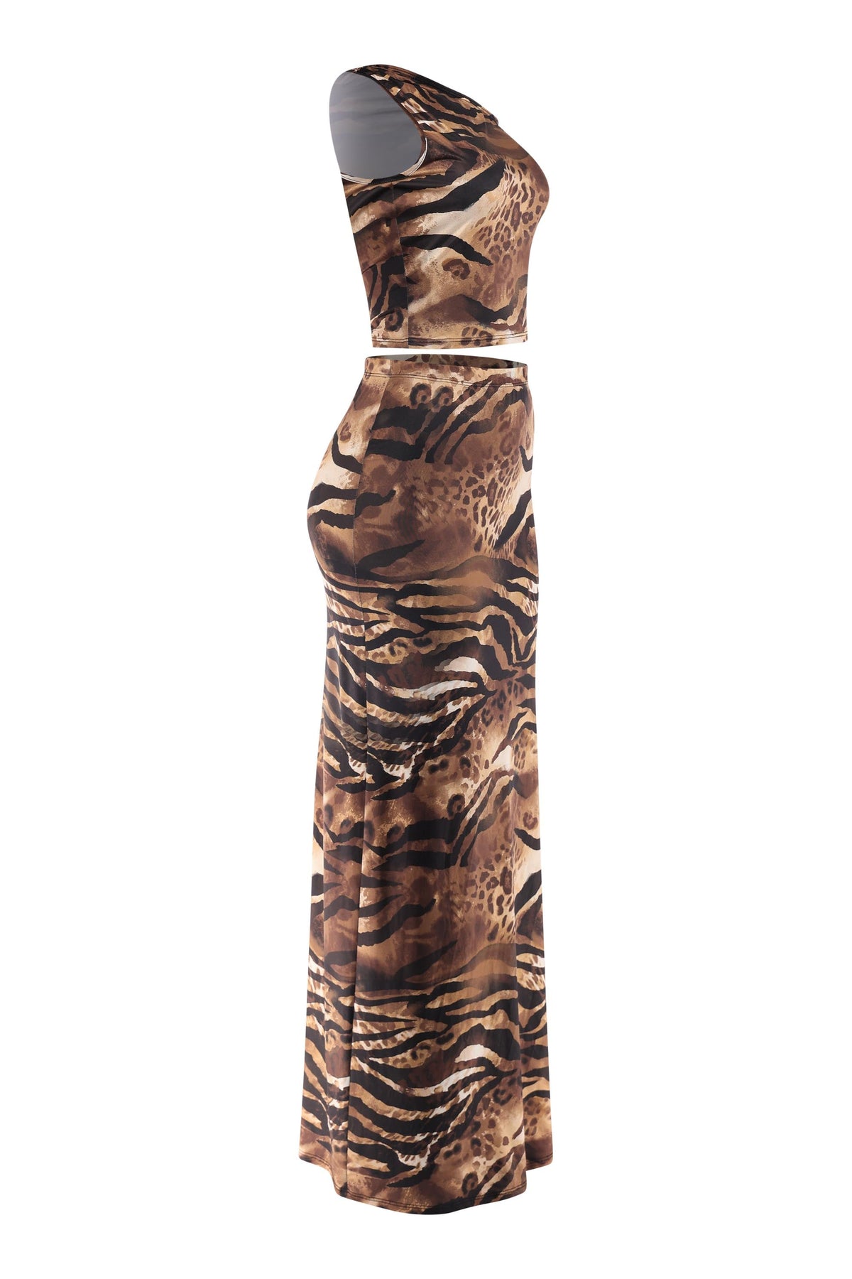 Asymmetrical Arm Tie Top & Maxi Skirt Set in Brown combo – Side view