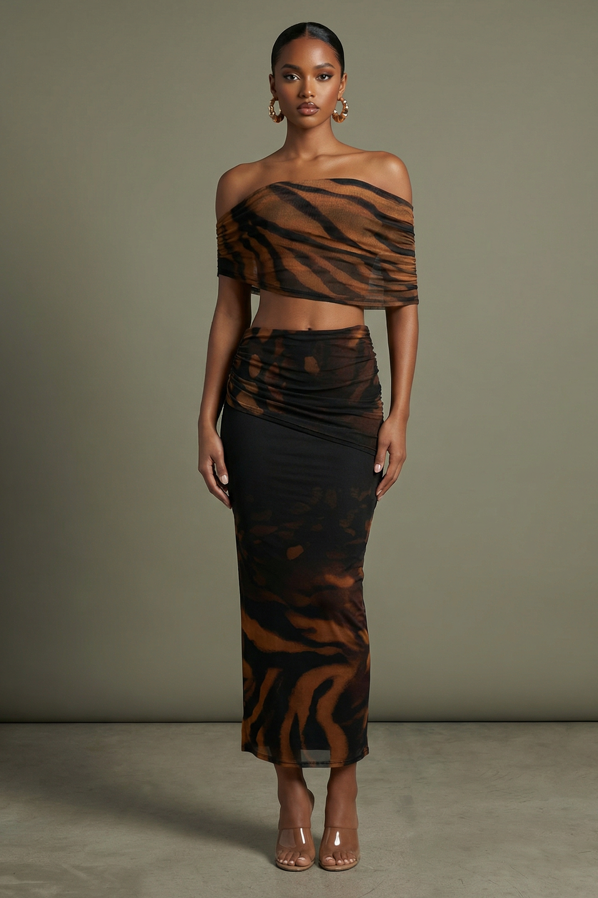 Off Shoulder Mesh Midi Set in Black combo – Front view