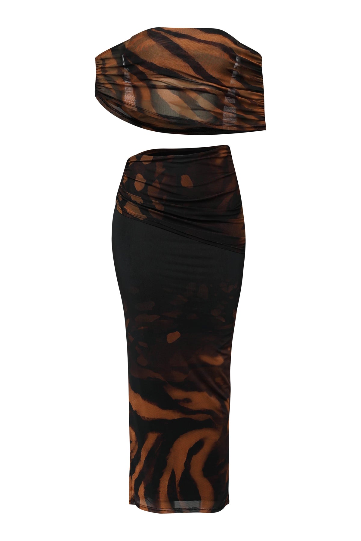 Black combo off shoulder mesh midi set, detail view on model