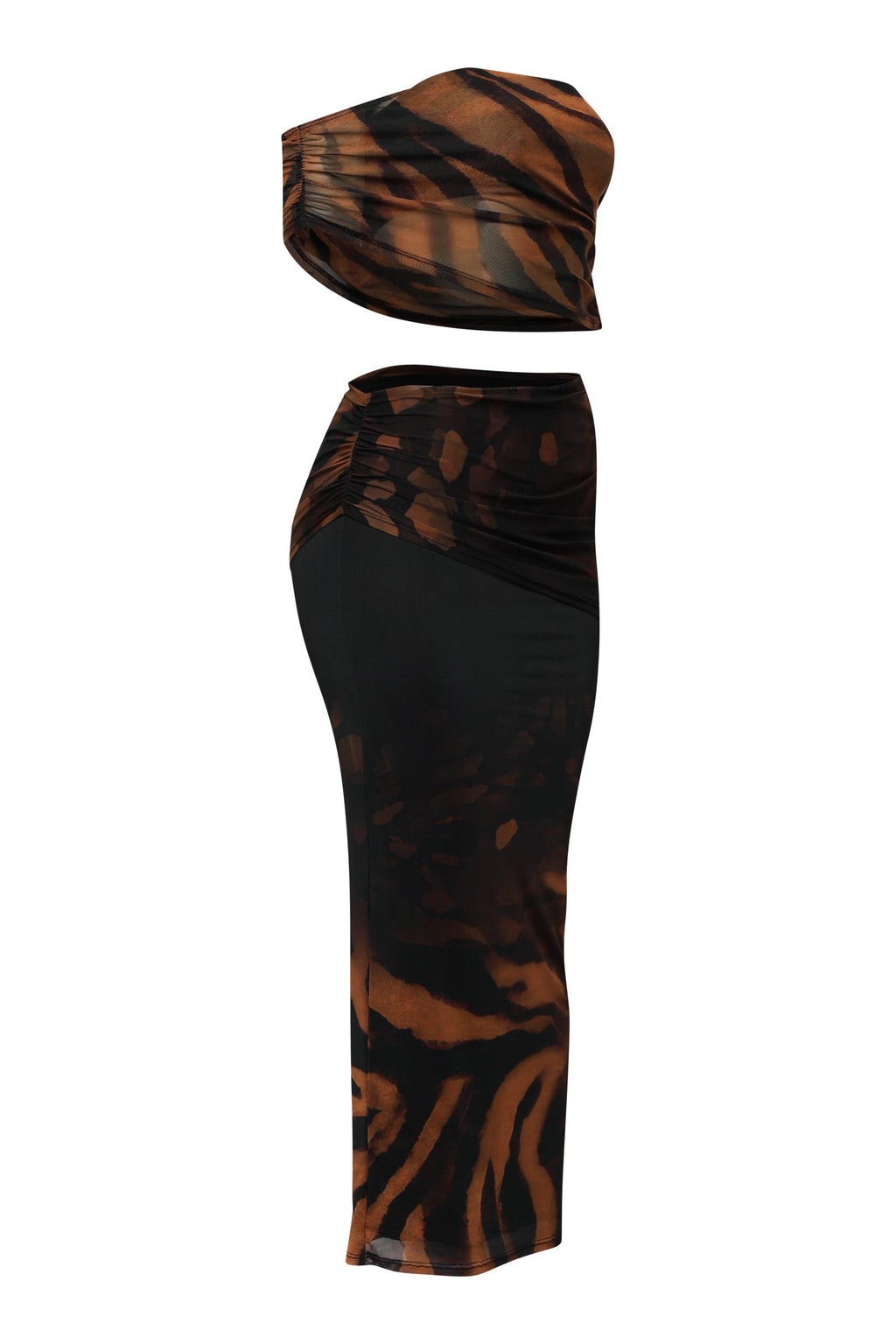 Black combo off shoulder mesh midi set, side view on model