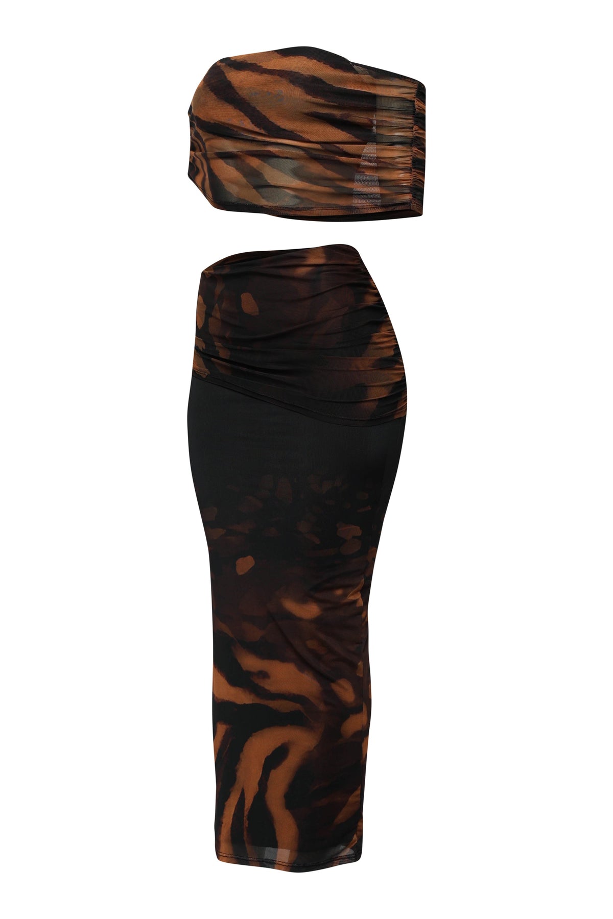 Black combo off shoulder mesh midi set, close-up view on model