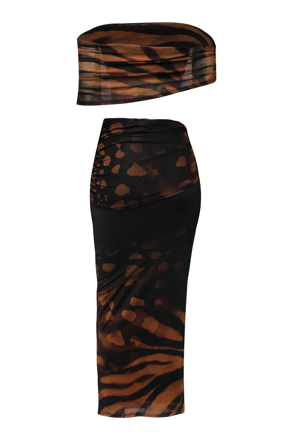 Black combo off shoulder mesh midi set, full-length view on model