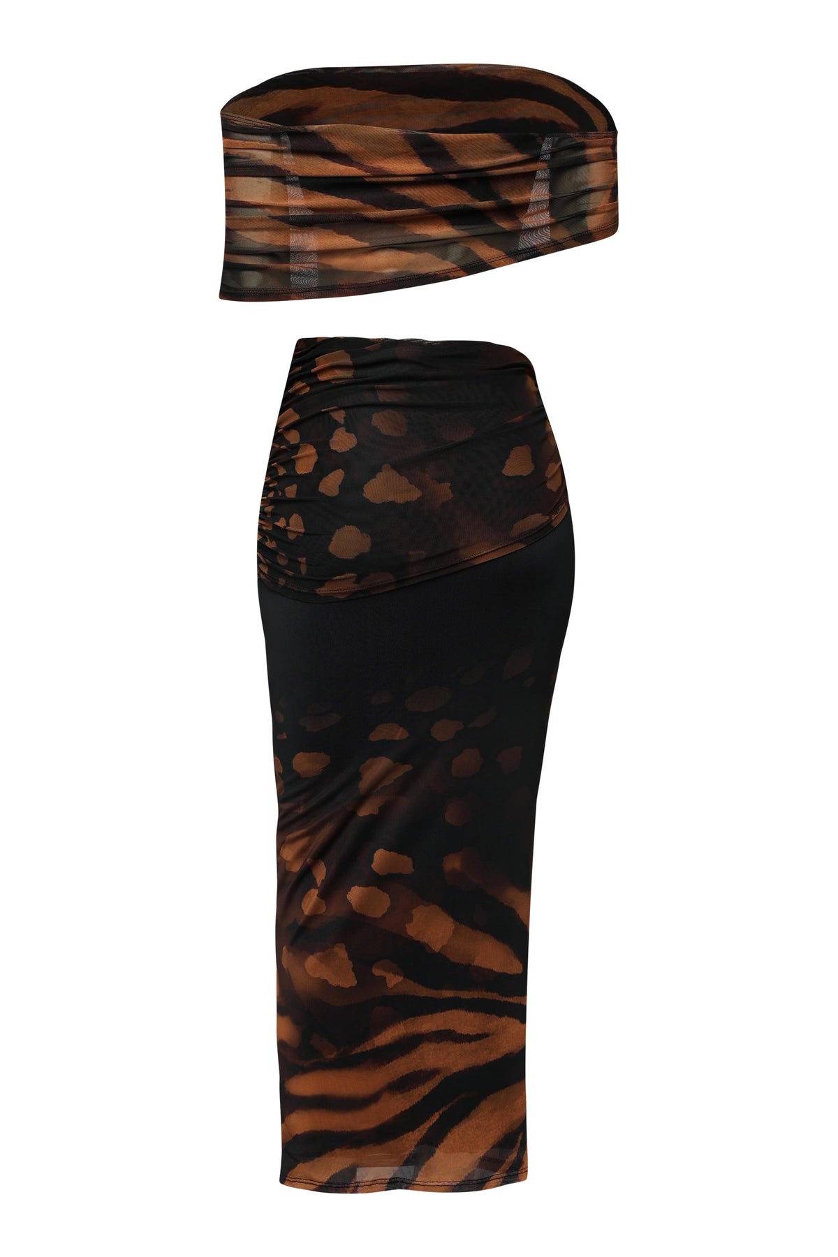 Black combo off shoulder mesh midi set, full-length view on model