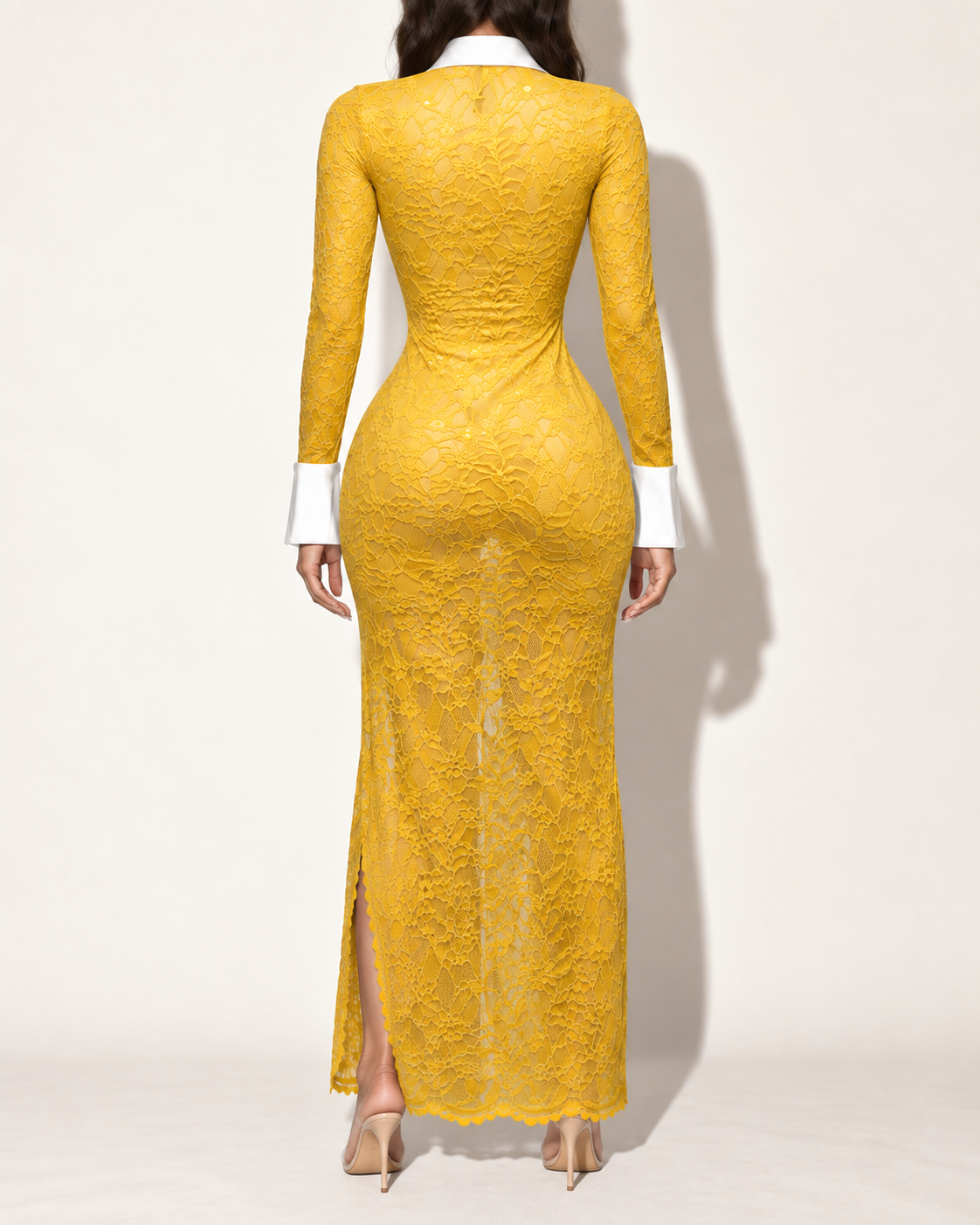 Mustard yellow lace maxi dress with white collar and cuffs — back view