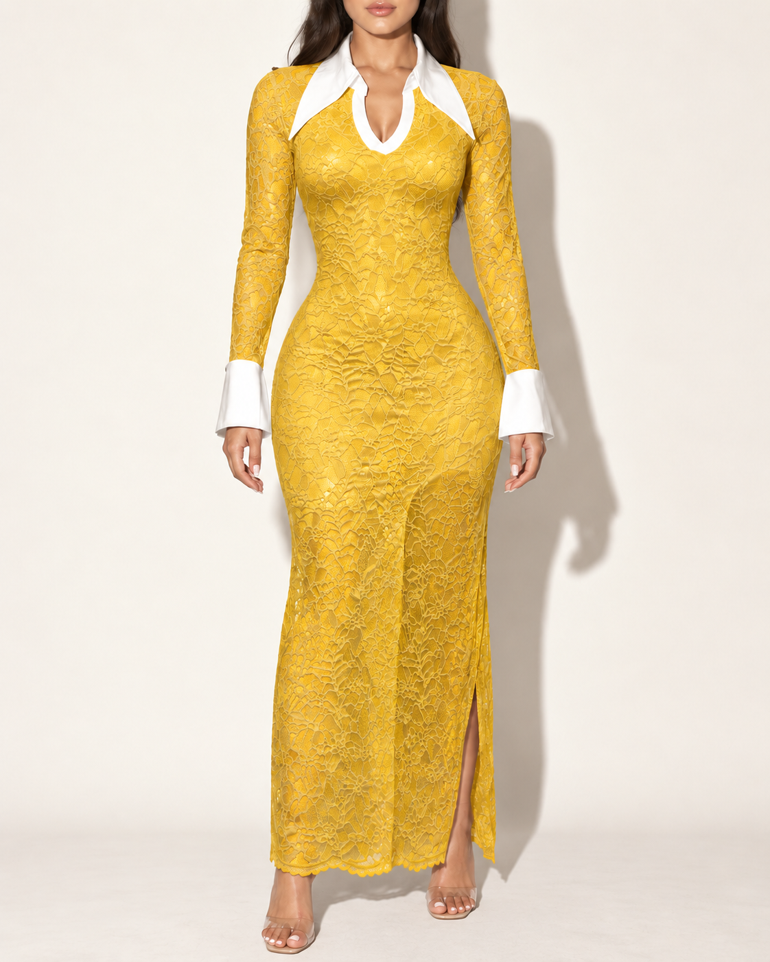 Mustard yellow lace maxi dress with white collar and cuffs — front view