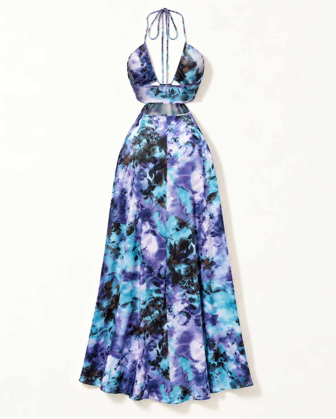 Blue botanical print halter cutout maxi dress — back view