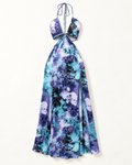 Blue botanical print halter cutout maxi dress — front view