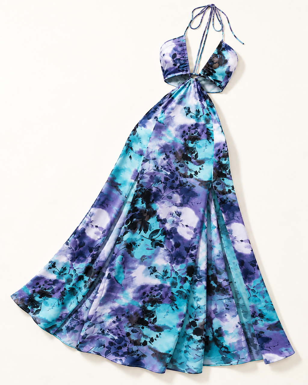 Blue botanical print halter cutout maxi dress — alternate front view