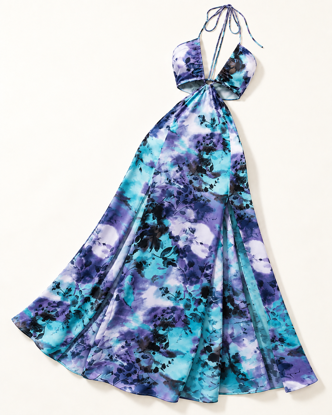 Blue botanical print halter cutout maxi dress — alternate front view