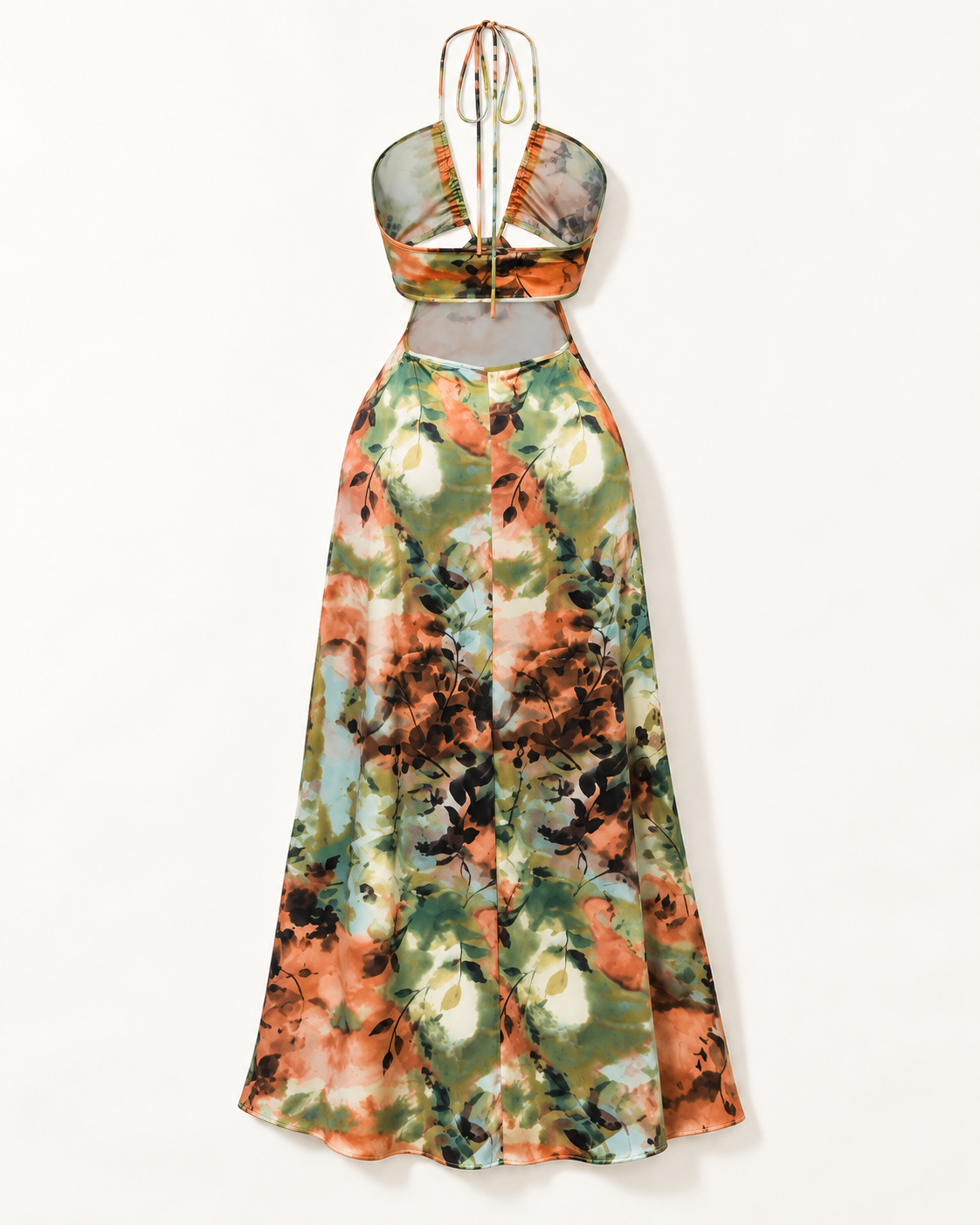 Rust botanical print halter cutout maxi dress — back view