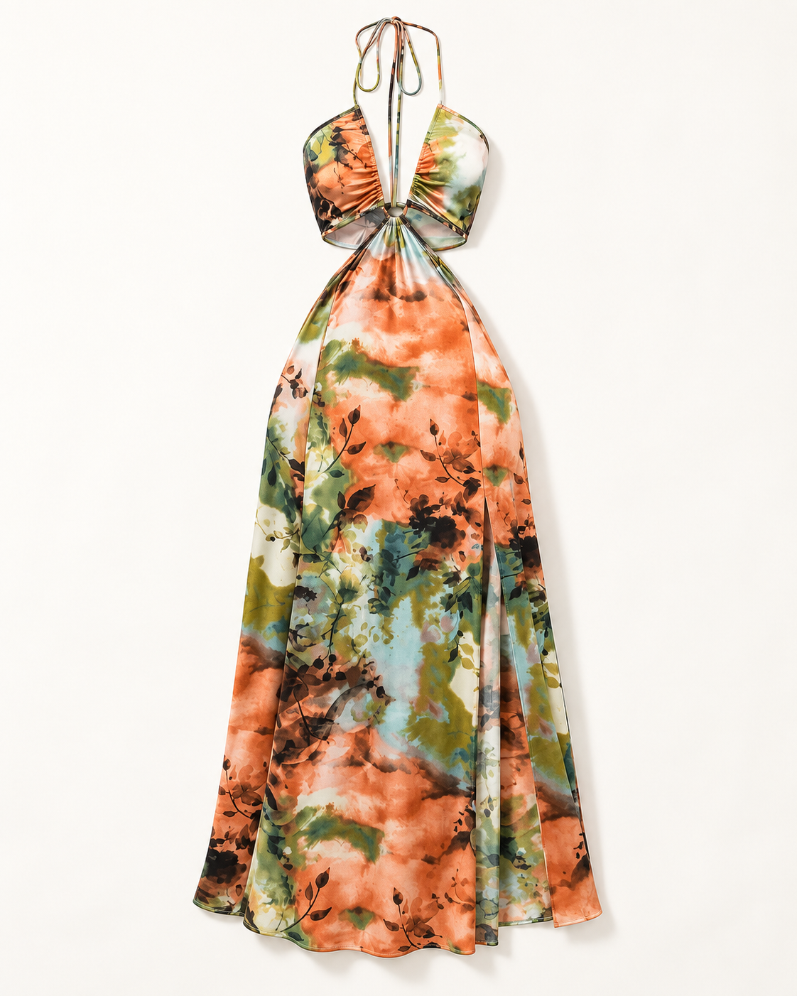 Rust botanical print halter cutout maxi dress — front view