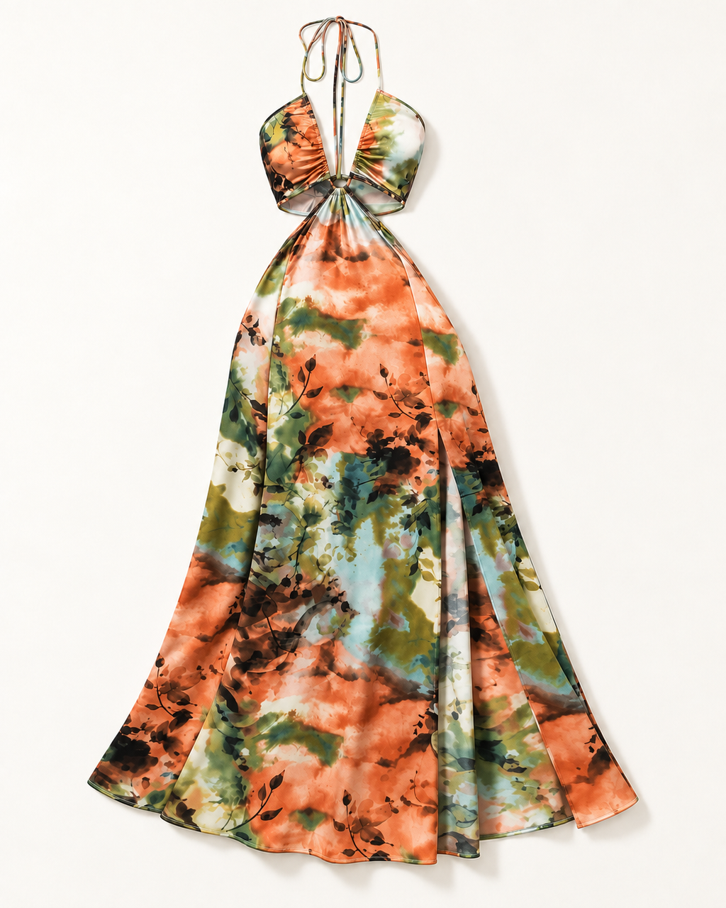 Rust botanical print halter cutout maxi dress — alternate front view