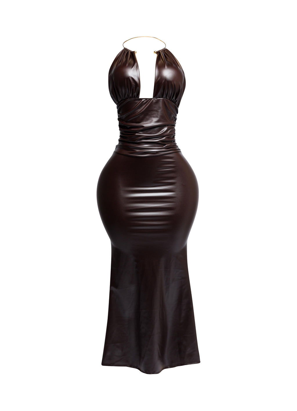 Brown faux leather halter maxi dress with gold chain detail and ruched bodice, front product view