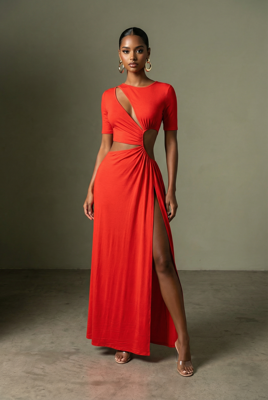 Short Sleeve Cutout Maxi Dress in Red – Front view