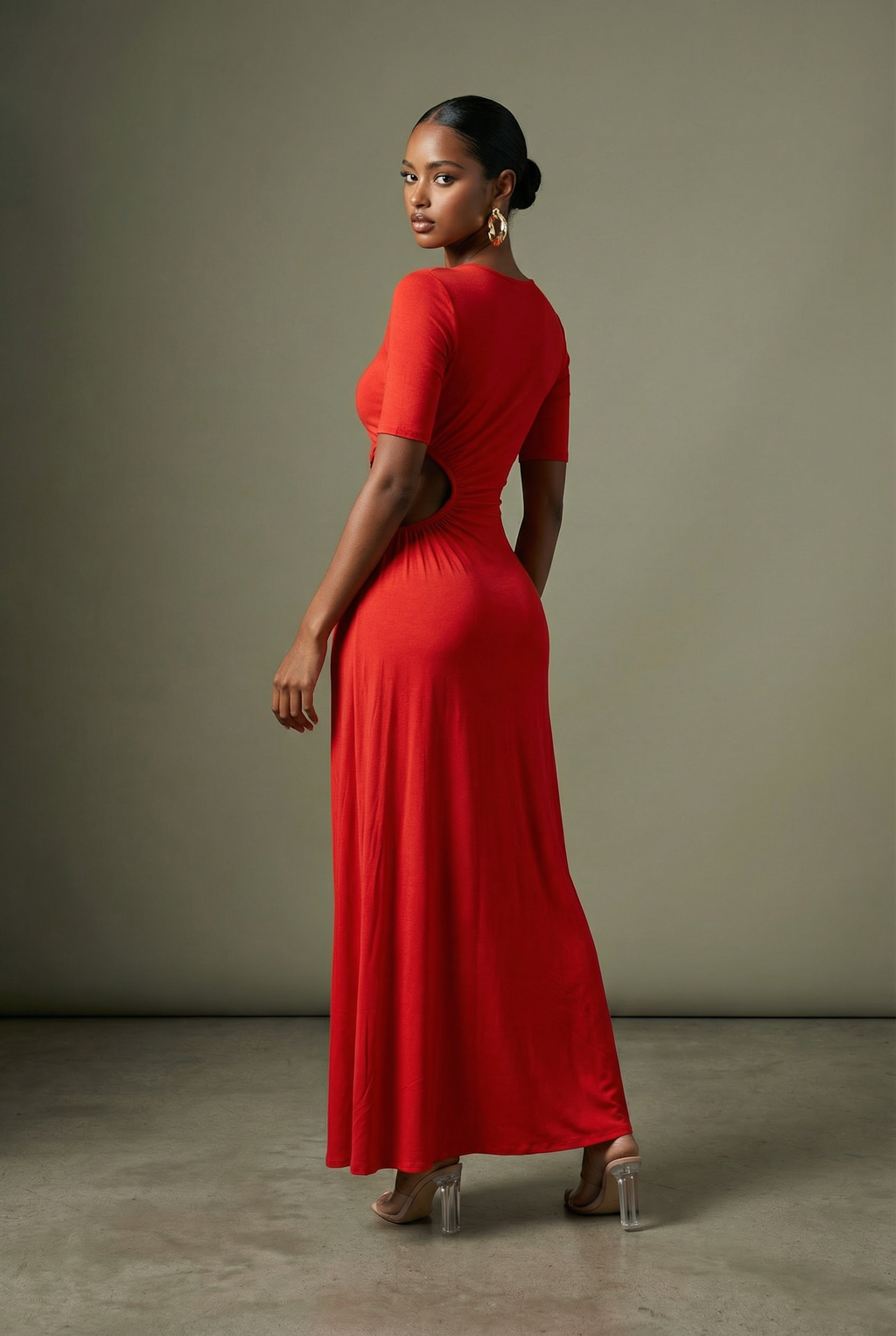 Short Sleeve Cutout Maxi Dress in Red – Back view