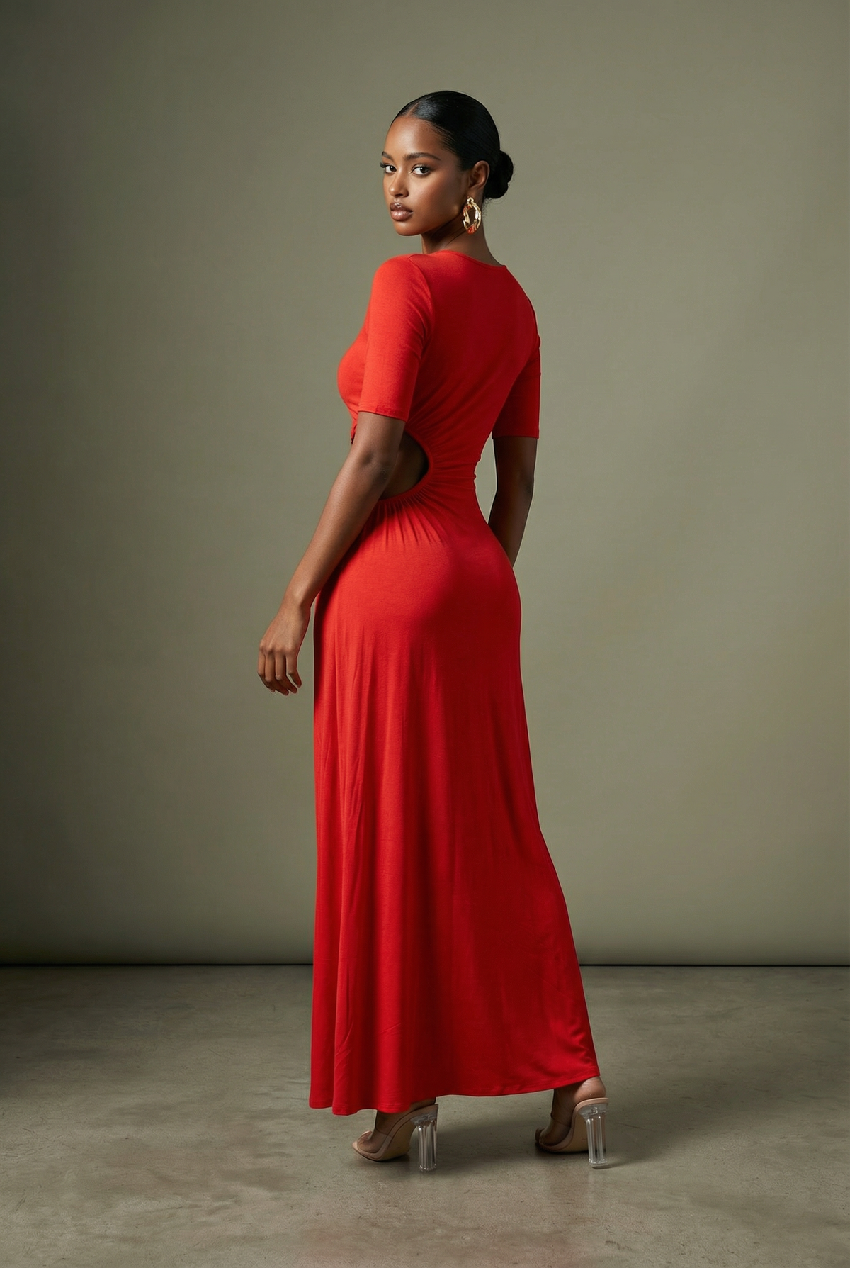 Short Sleeve Cutout Maxi Dress in Red – Back view