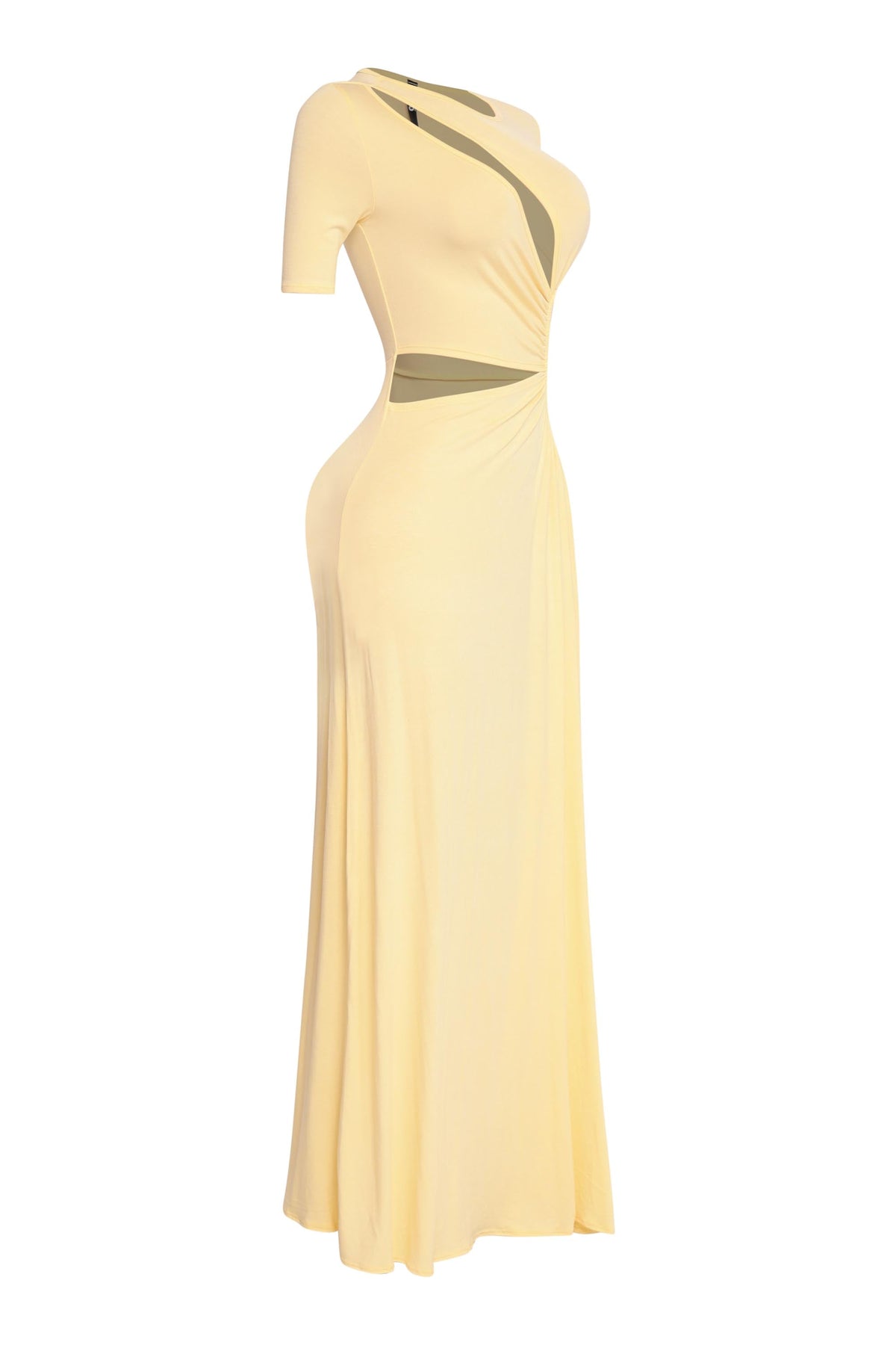 Yellow short sleeve cutout maxi dress, front view on model