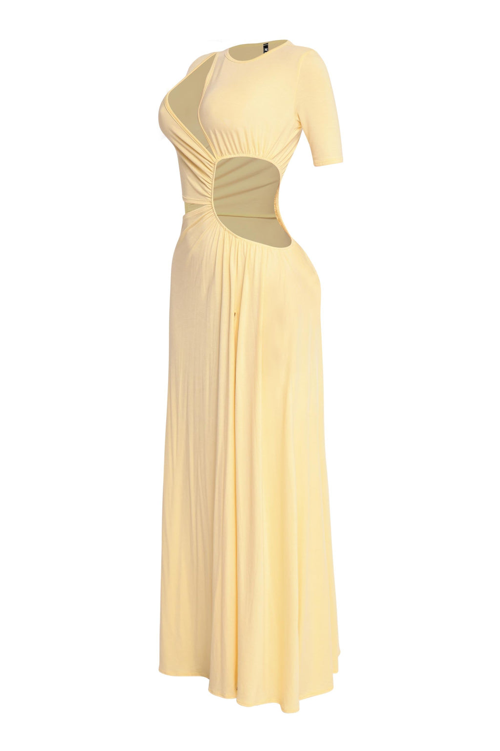 Yellow short sleeve cutout maxi dress, back view on model