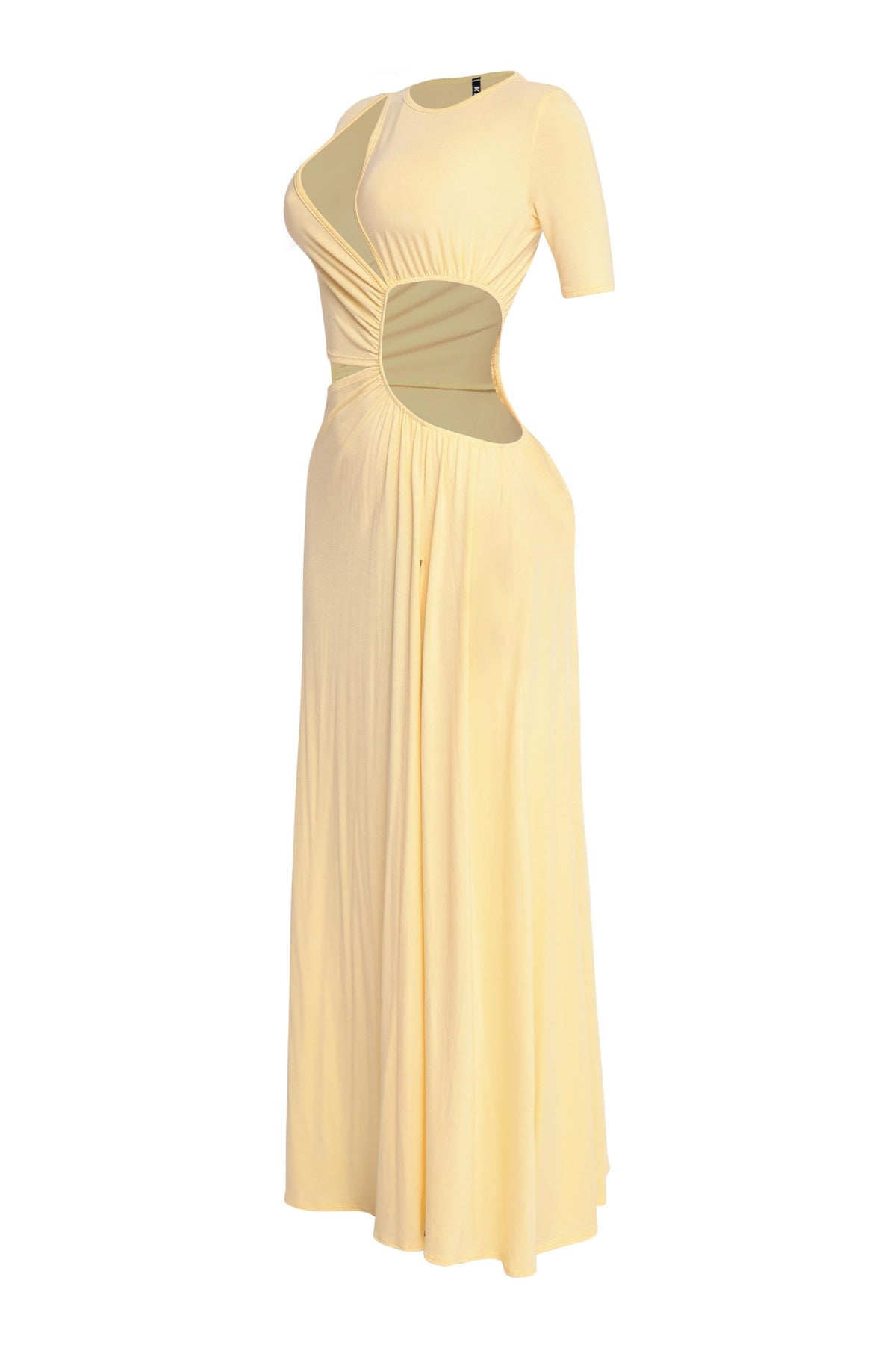 Yellow short sleeve cutout maxi dress, back view on model