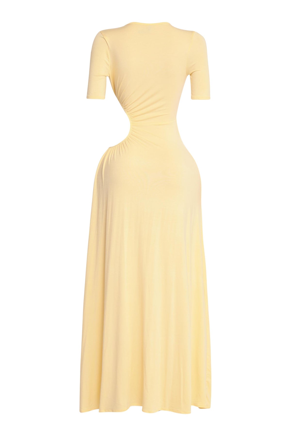 Yellow short sleeve cutout maxi dress, alternate front view on model