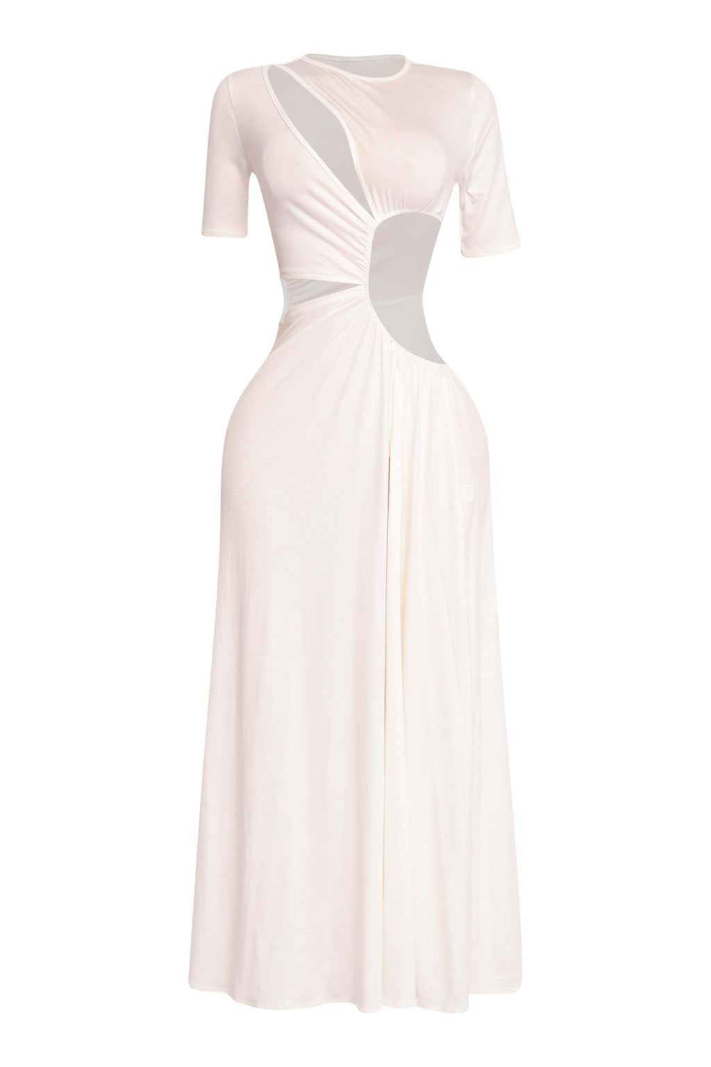 Ivory short sleeve cutout maxi dress, alternate front view on model