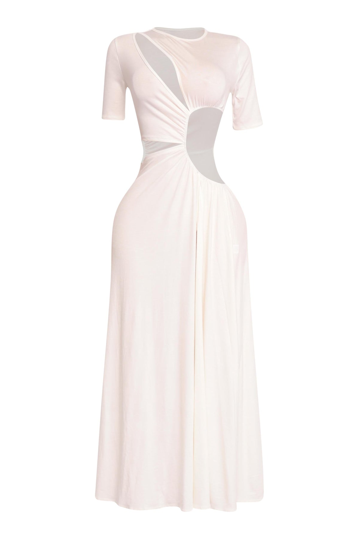 Ivory short sleeve cutout maxi dress, alternate front view on model