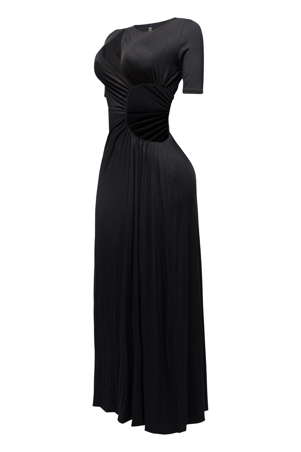 Black short sleeve cutout maxi dress, alternate front view on model