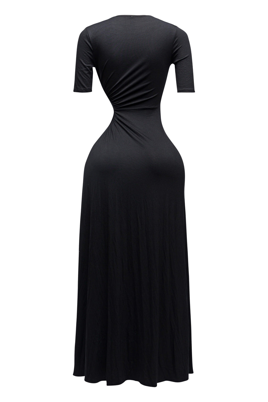 Black short sleeve cutout maxi dress, back view on model