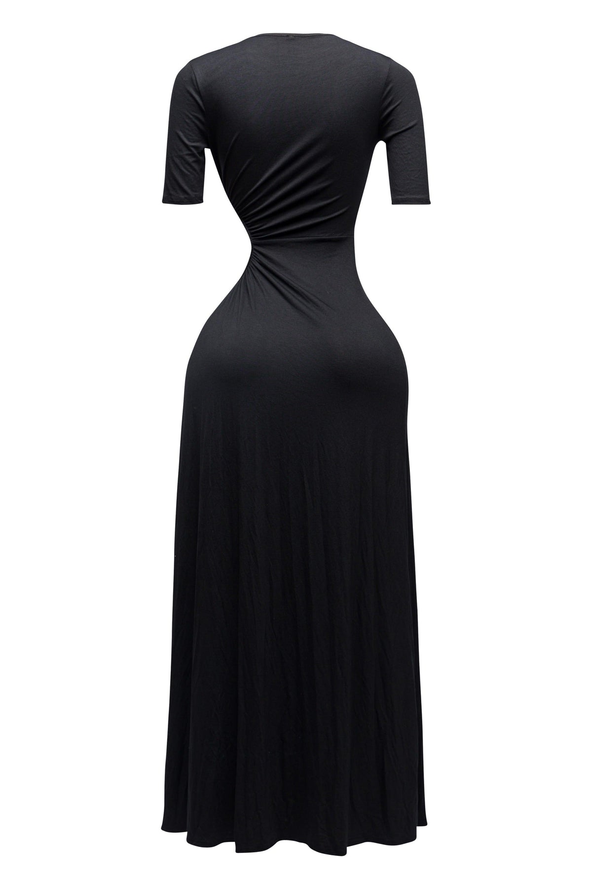 Black short sleeve cutout maxi dress, back view on model